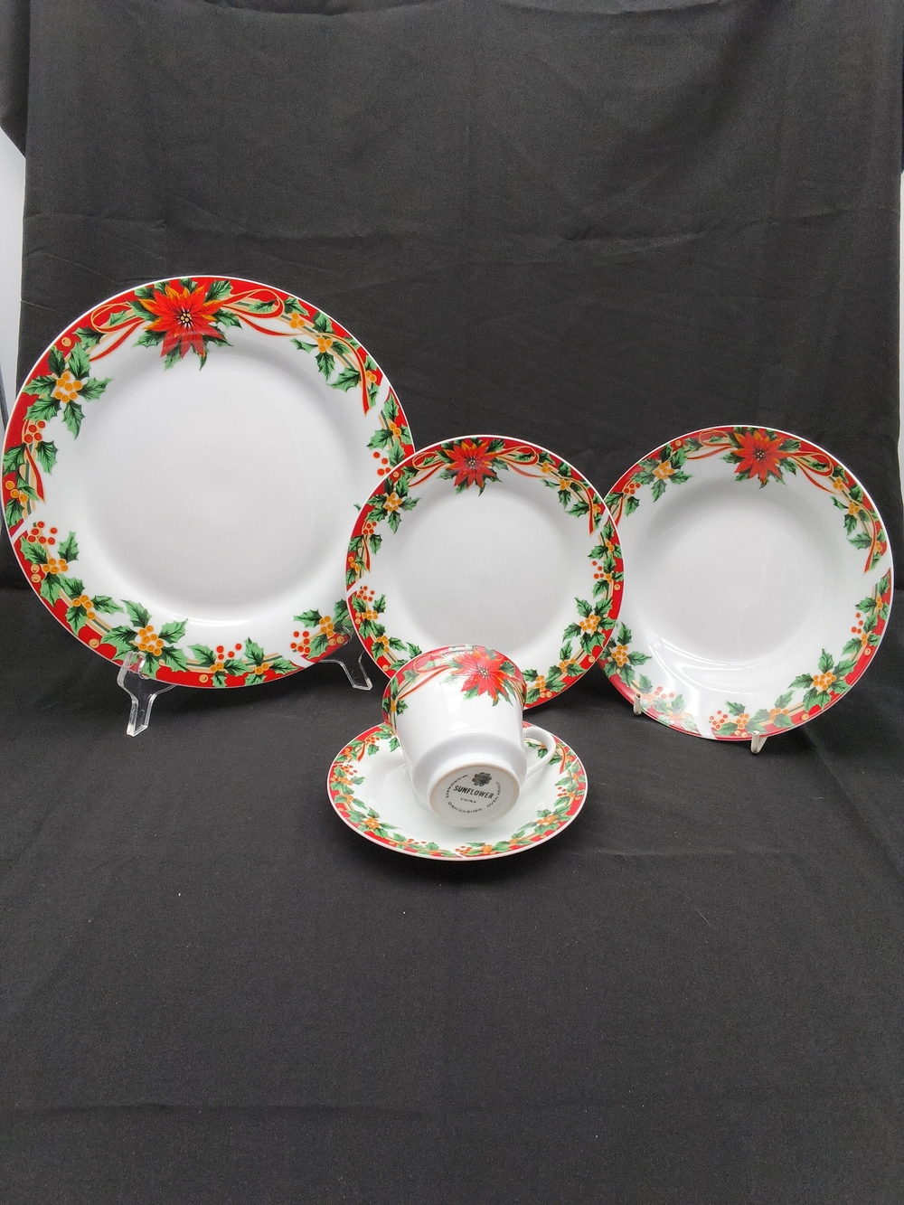 Vintage Sunflower Fine Porcelain Poinsettia Christmas Dinnerware - Set 3 of 3